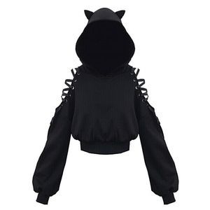 Kawaii Gothic Punk Cat Ear Cropped Hoodie Black Lace Up Sleeve Sweatshirt